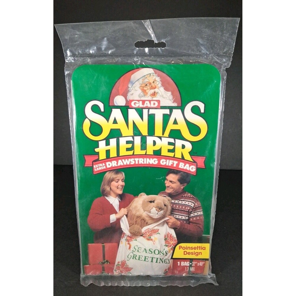 Vintage Glad Santas Helper Extea Large Drawstring Gift Bag Poinsettia 32x40 New